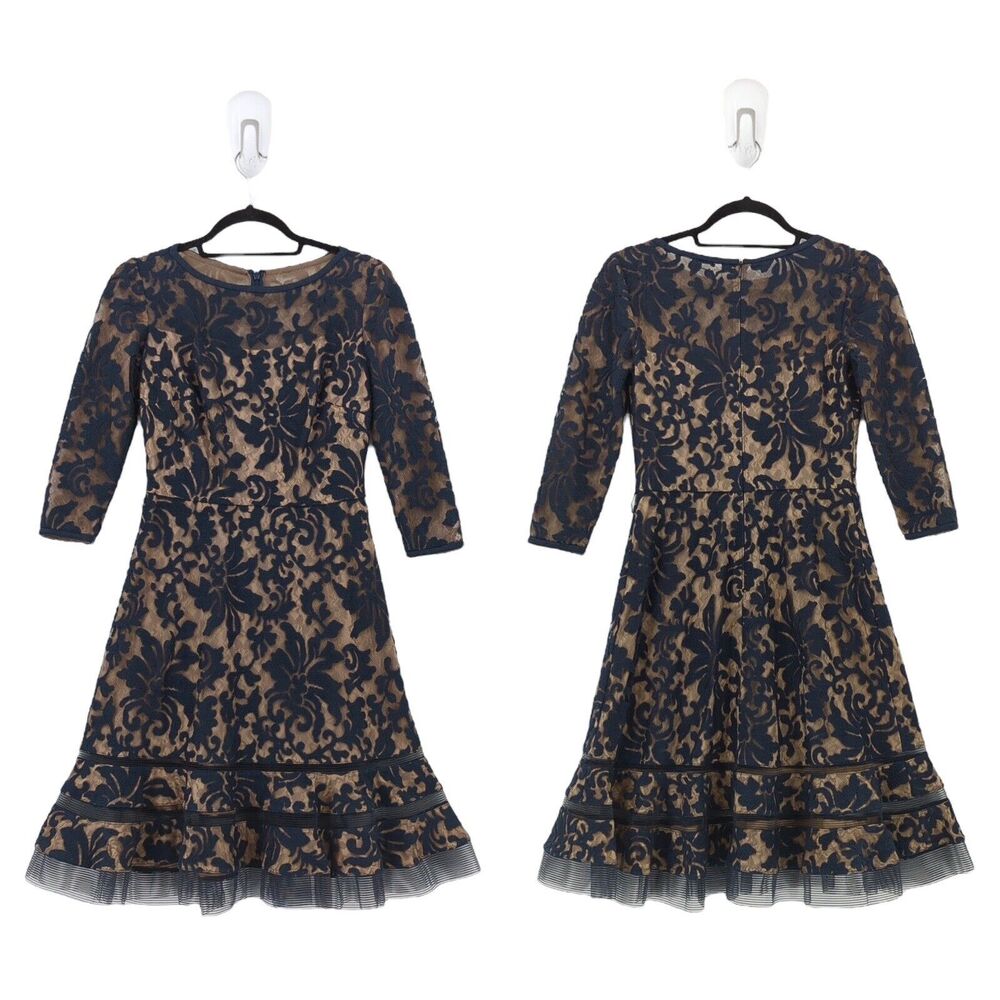 Tadashi Shoji Women 2 Kennedy Dress Navy Blue Embroidered Lace Boat Lined